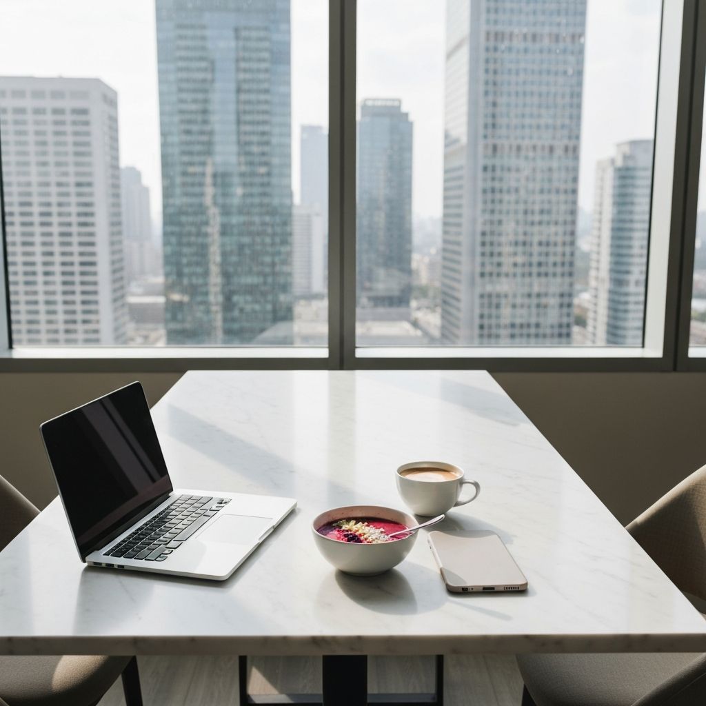 Laptop sa smoothie bomlom i kafom na mramornom stolu pored prozora s gradskim pogledom