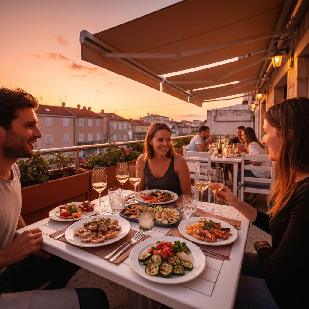 Restorana terasa s prijateljima tijekom zalaska, dijeljena jela i vino